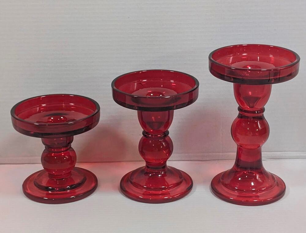 Set of 3 Ruby Red Glass Pedestal Candle Holders Taper Pillar Tealight NIB